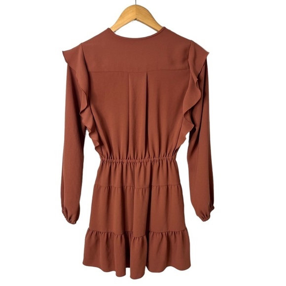 Wilfred Long Sleeve Ruffle Mini Dress Rust Brown Size XS Fall Boho Cinched Waist - Picture 3 of 8